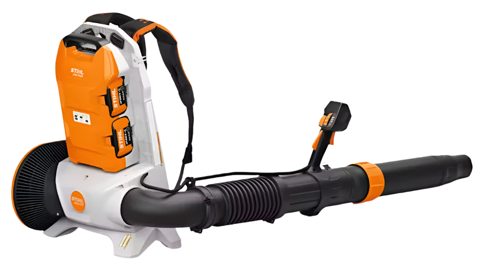 The STIHL BGA 300, shown here with ADA 1000 adapter and 2 AP 500 S Batteries, is a high performance, commercial-grade backpack blower featuring long run times and the STIHL Noise Reduction System.
