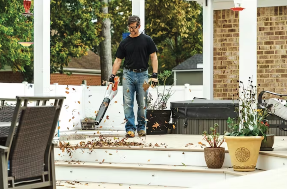 STIHL BGA 6 handheld blower easily removes leaves and debris from patios and walkways