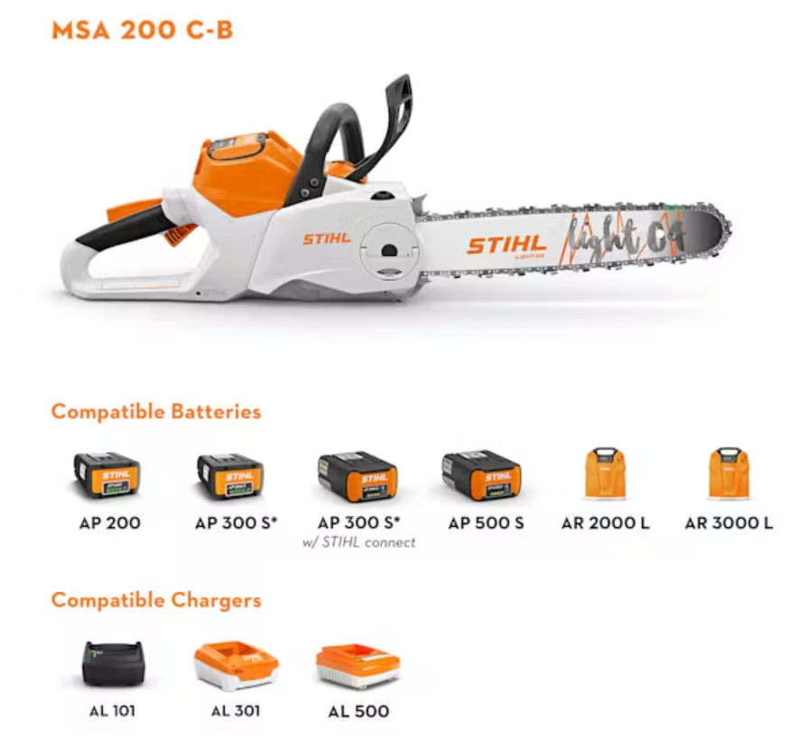 STIHL MSA 200 C-B Battery Saw with compatible batteries and chargers