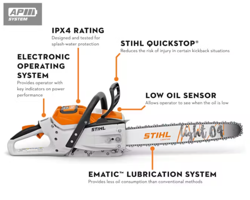The MSA 300 C-0 battery powered chainsaw is the most powerful chainsaw in the STIHL AP Battery System, and is truly a professional-grade chainsaw.