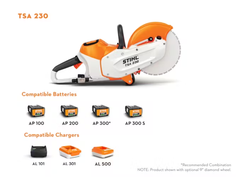 STIHL TSA 230 Cut off Saw shown Batteries with chargers