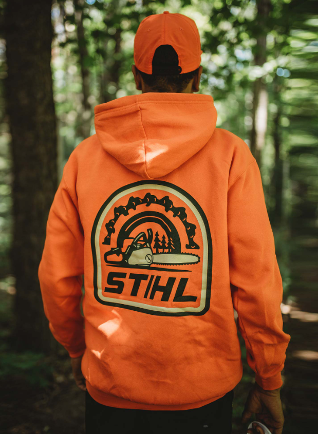 Orange STIHL pullover hooded sweatshirt back view