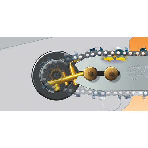 Ematic Lubrication System > The Ematic™ guide bar when used with STIHL OILOMATIC® saw chain will provide proper lubrication and less oil consumption than conventional methods. Can reduce bar oil consumption by 50%