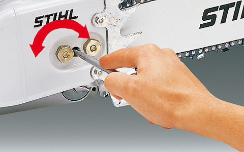 The tensioning screw can be found on the side of chain saw through the sprocket cover. This removes the need for contact with the sharp saw chain