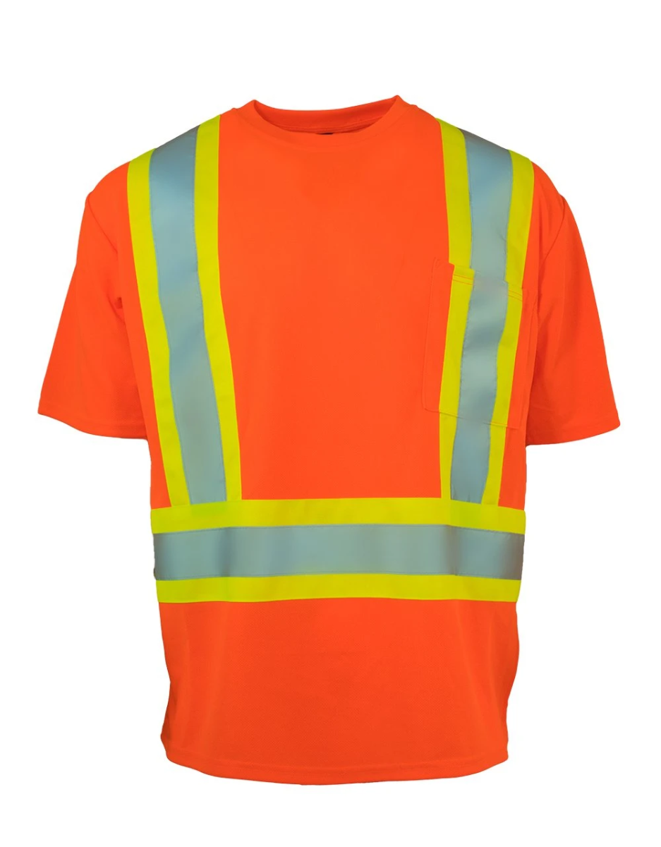Hi Vis Safety Tee Shirt Short Sleeve Crew Neck with Chest Pocket (Orange)