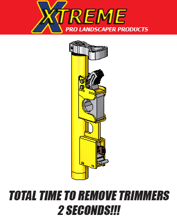 Unlock the rack, handle unlocks all trimmers at the same time, press thumb lever and simply remove trimmer