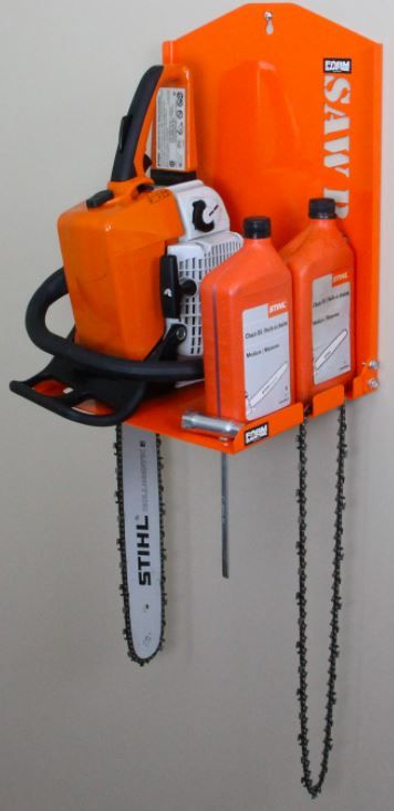 Farm Garage Solutions Chainsaw Rack securely holds your chainsaw, oil, spare chains, sharpener and bar T wrench neatly and securely