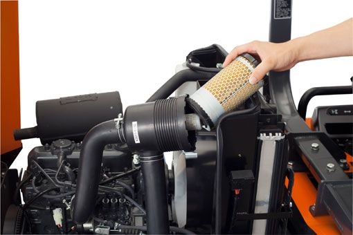 The dual-element air cleaner helps keep the engine running smoothly and efficiently. Only the outer filter needs to be replaced—the inner filter can be cleaned with a pressured air—helping to reduce maintenance costs