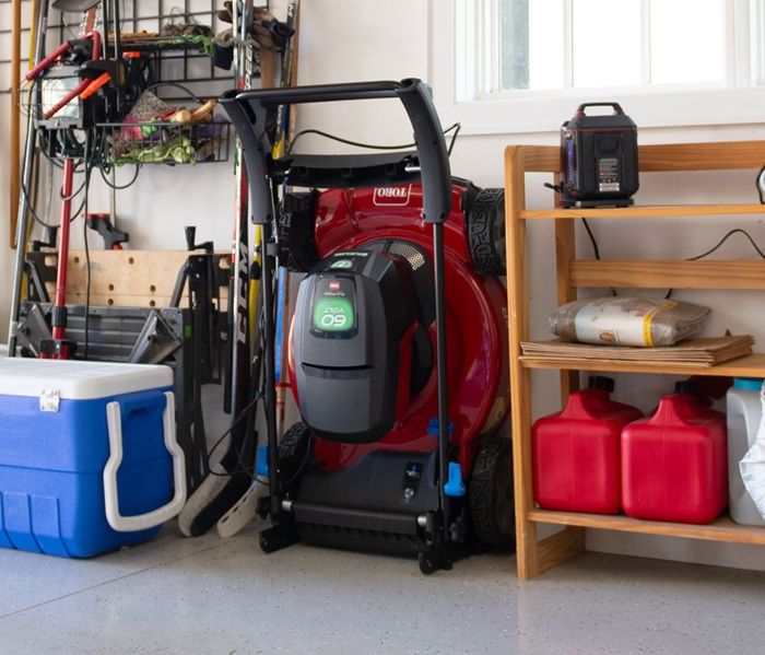 Now you can fold, lock and store your Toro practically anywhere in your garage or shed with SmartStow® - Proven to reduce the storage footprint by up to 70%, and provides easy access to clean under the deck and service the blade.