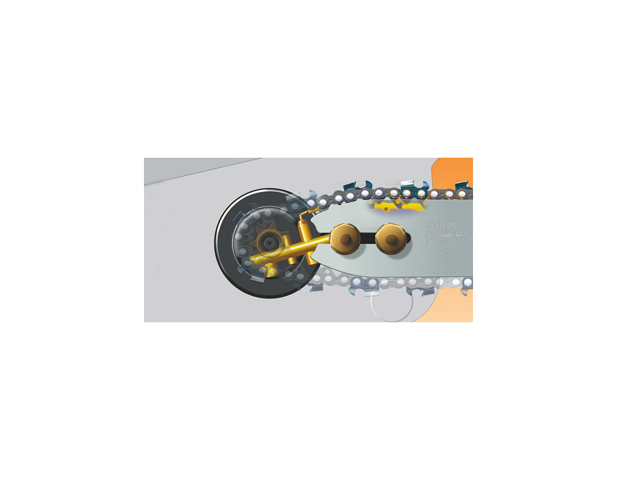 The Ematic chain lubrication system ensures pinpoint lubrication of the saw chain links and guide bar rails. 