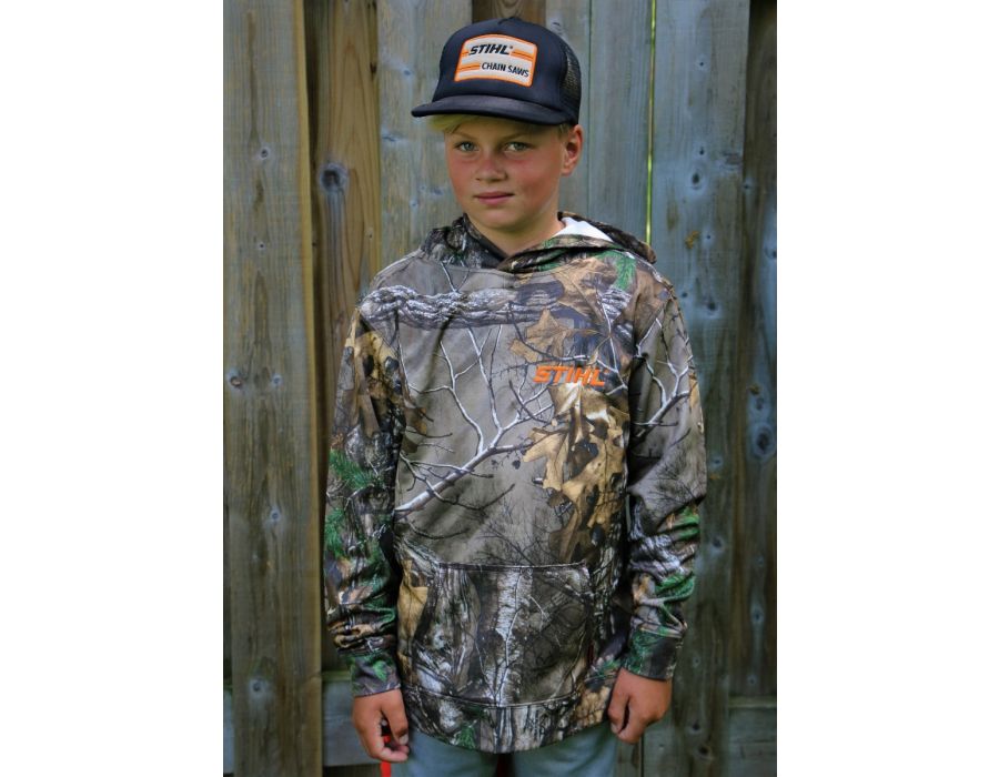 STIHL camo hoodie - model is 8 years old wearing size large