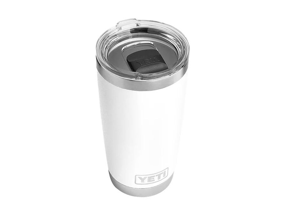 The YETI Rambler 20oz Tumbler in white comes with MagSlider Lid